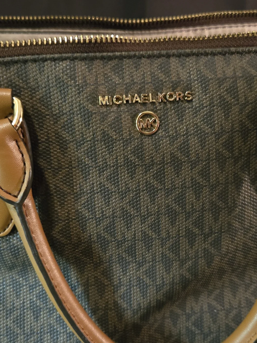 Michael Kors Tan and Black Signature Satchel with Gold Hardware